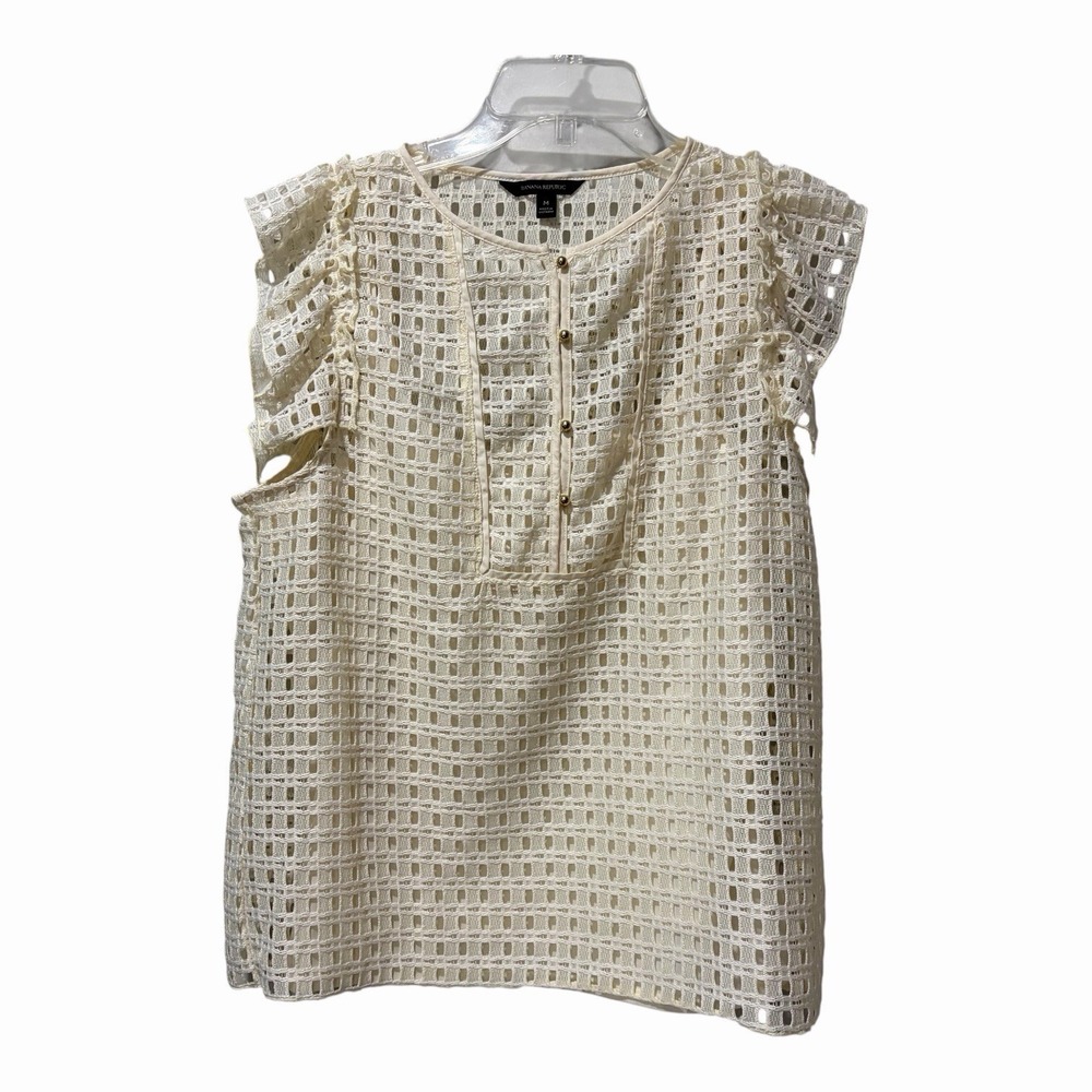 Banana Republic Blouse Tank Eyelet Lace Ruffle Cream Mesh Buttons Size Medium‎